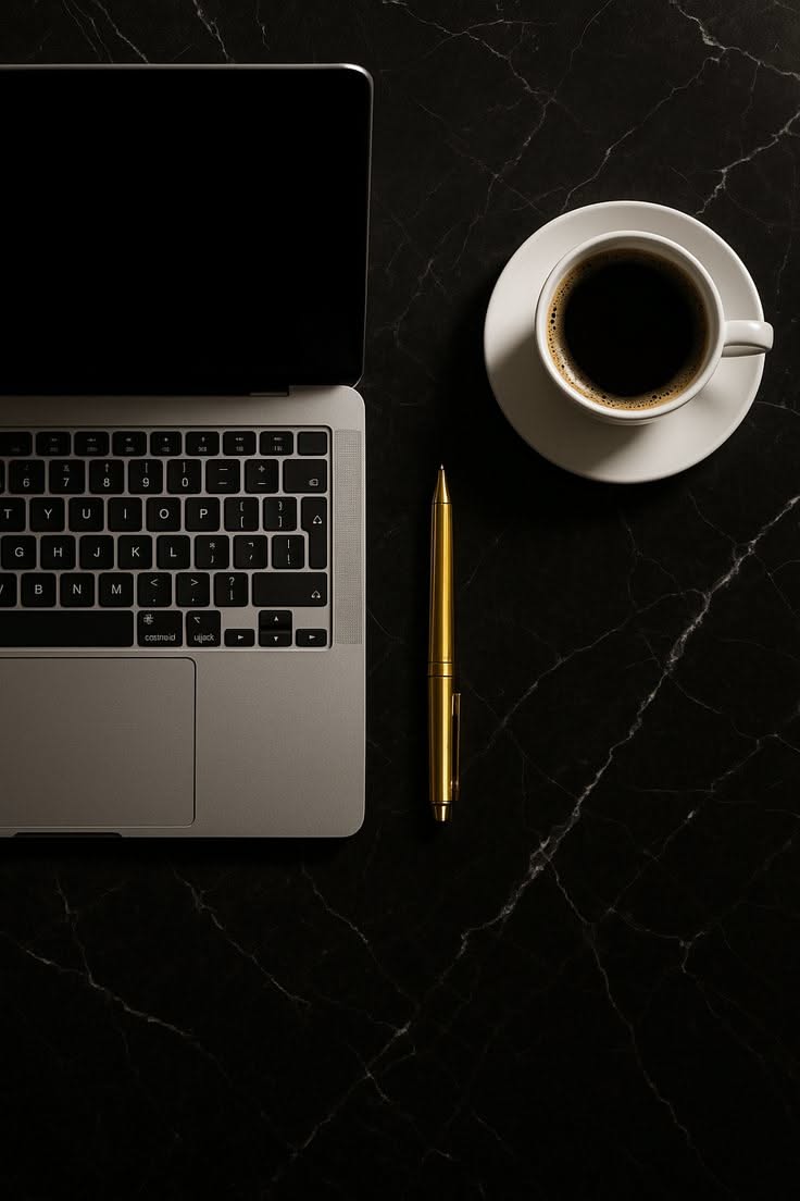 Kai Bennett's design workspace with laptop and coffee