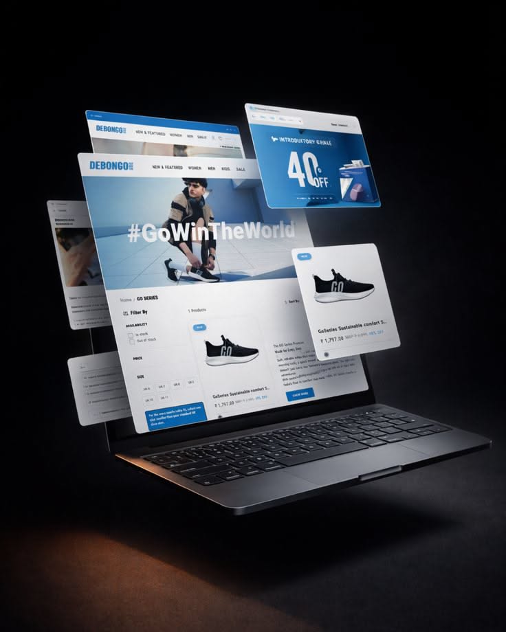 StrideX Store e-commerce website shown on a laptop mockup